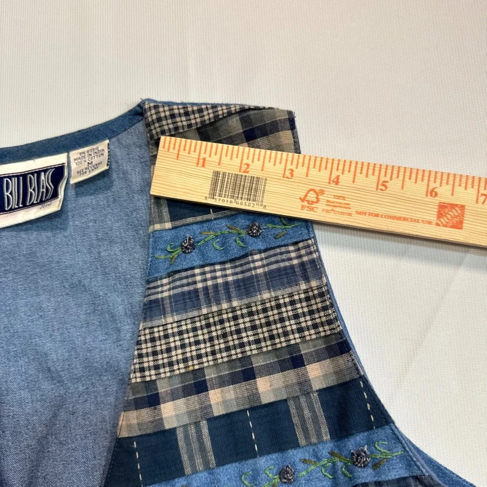 Vintage Coastal Grandma Patchwork Plaid Medium Jeans Denim Embroidered Vest Blue